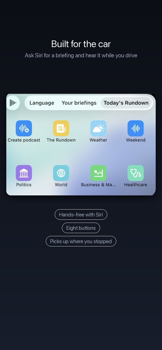 CarPlay: the day's topics, and Siri for anything else.
