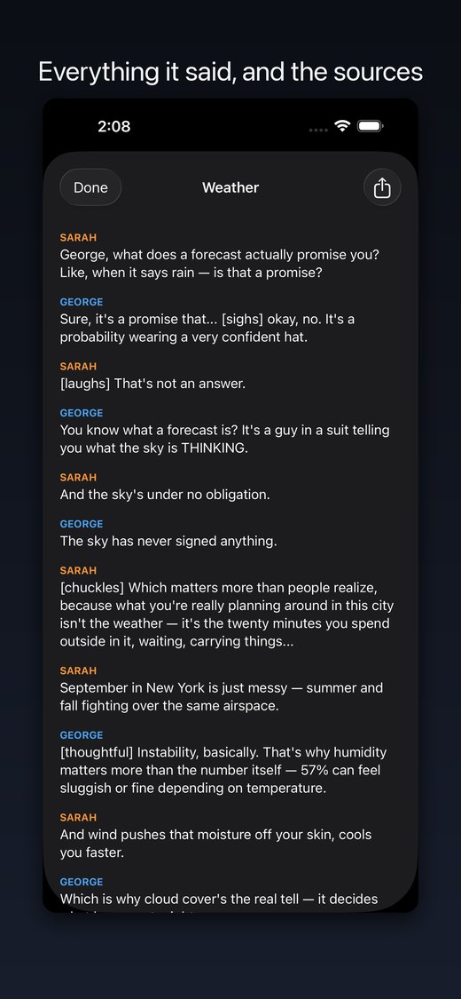 The full transcript, attributed line by line.